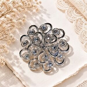 Sarah Coventry Silver Tone Swirl Rhinestone Brooch Mid Century Vintage